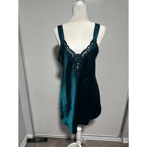 Vintage Satin‎ Emerald Green Slip Dress Lace Trim Lingerie Nightie Dentelle Med